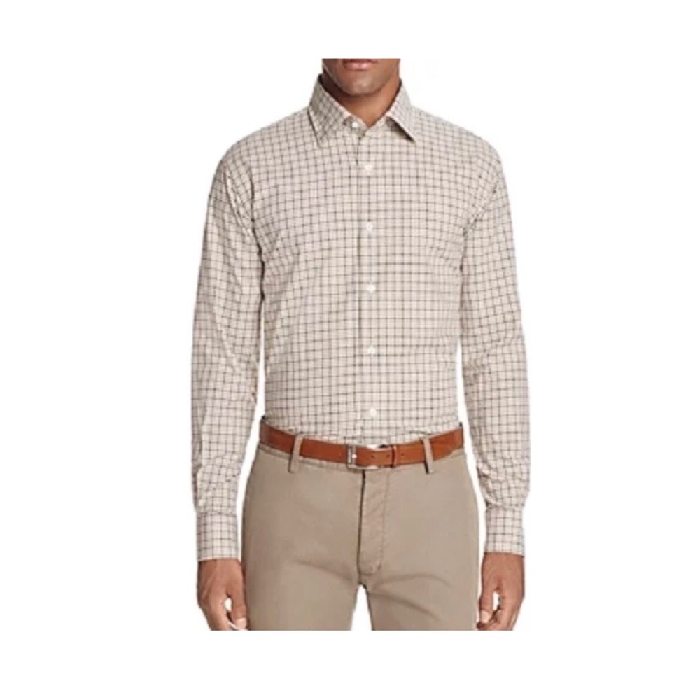 New men’s Bloomingdales green brown plaid shirt